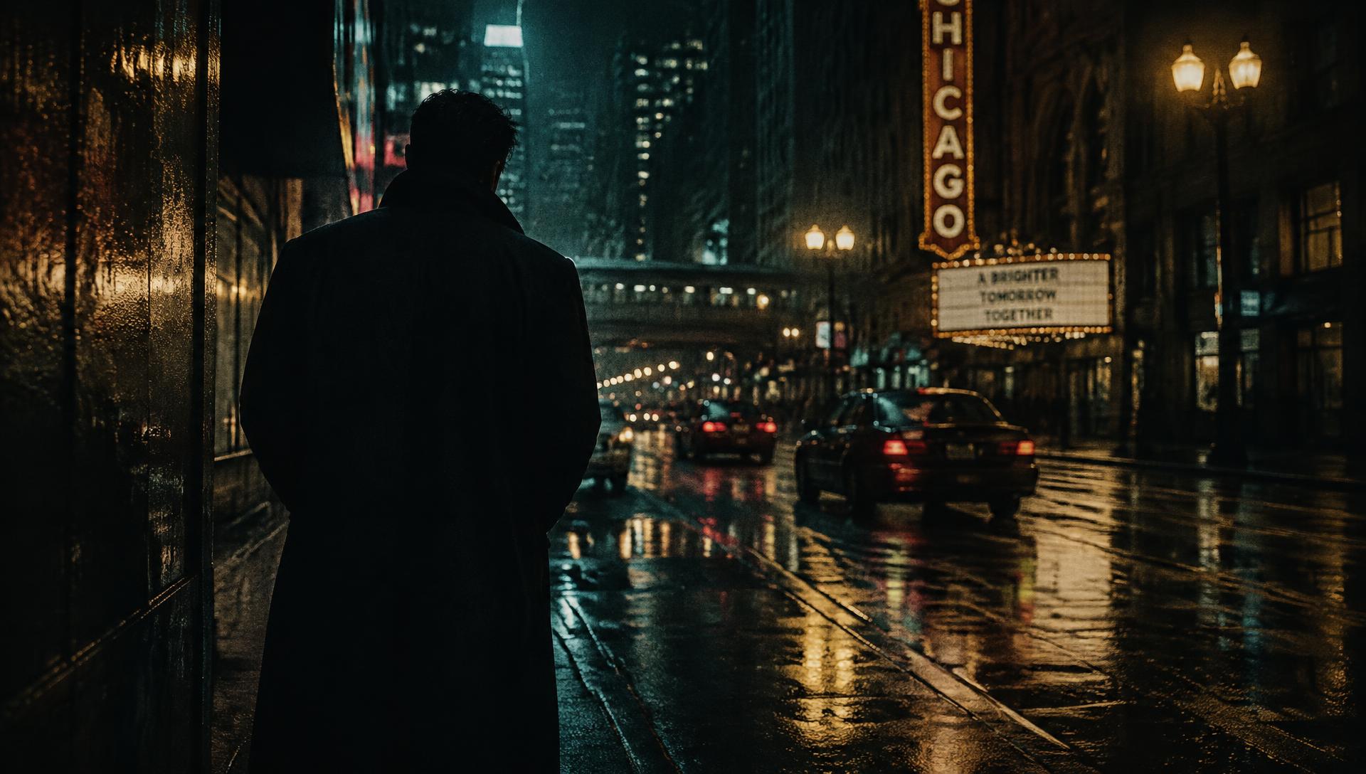 Night street film still lit by neon and street lamps